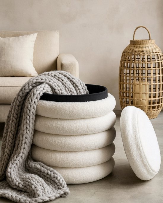 ByViento Teddy Pouf de Rangement Beige Wit – Ø37 × H43,5 cm – Tissu Teddy Doux – Pouf Rond avec Espace de Rangement Spacieux