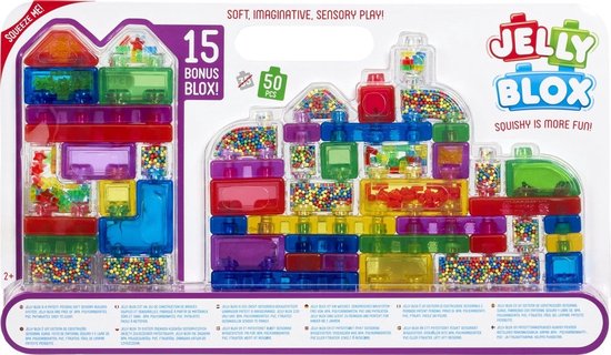 Jelly Blox Mega Pack met 15 bonus blokken. Zachte, transparante bouwblokken in paars, groen, geel, rood, blauw en oranje, gevuld met gekleurde bolletjes.