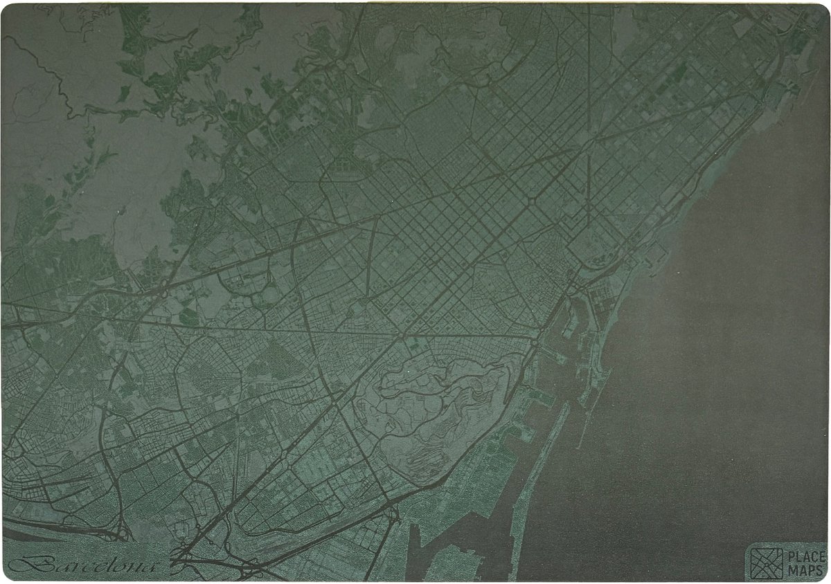 Place Maps Gegraveerde Kunstlederen Placemat Barcelona Mosgroen 1 stuk