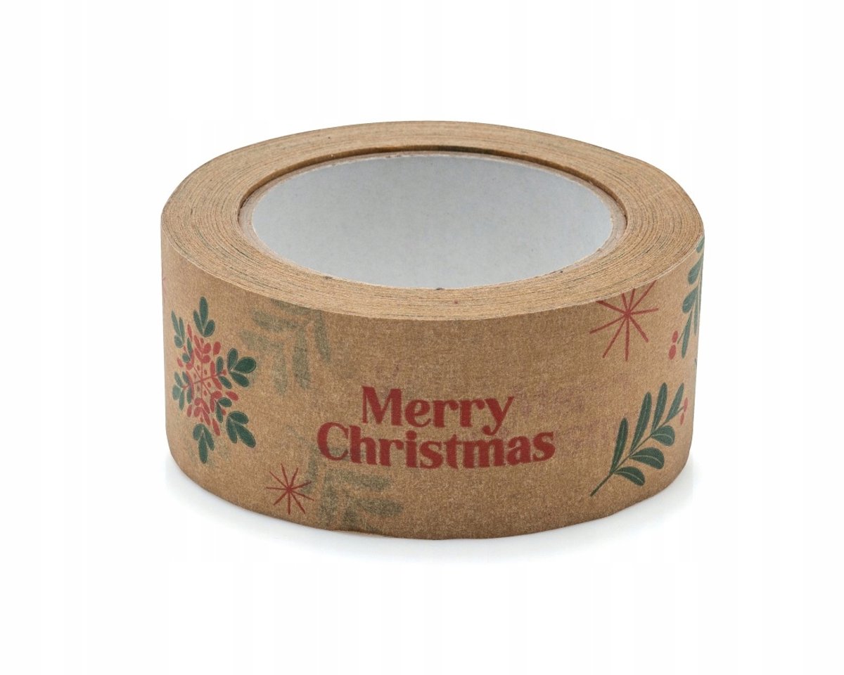 Papieren Kerst Inpaktape MERRY CHRISTMAS Sneeuw Vlok 48mm/50m
