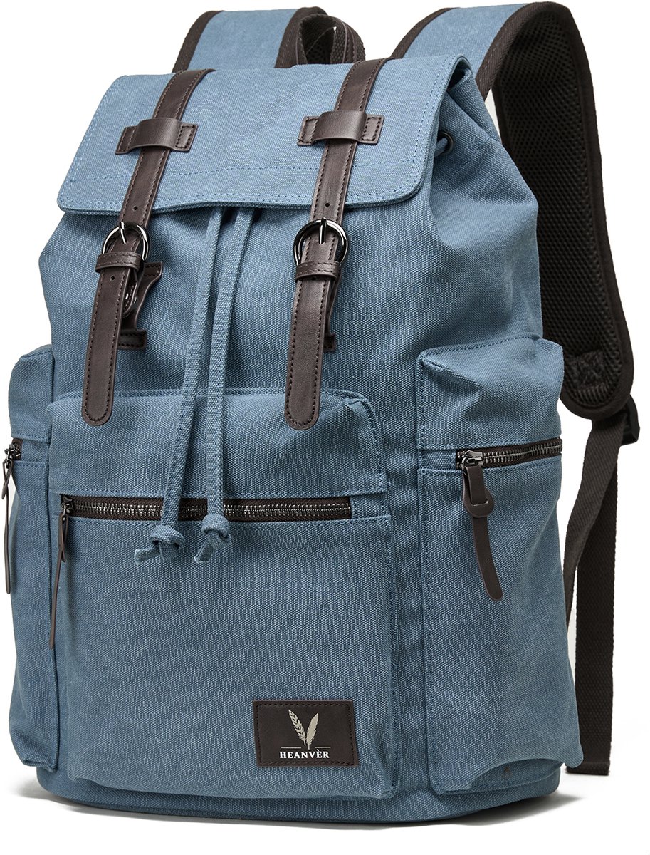 HEANVER Vintage Canvas Rugzak - Waterdichte Rugtas 27L - 15,6 inch laptop tas - Blauw