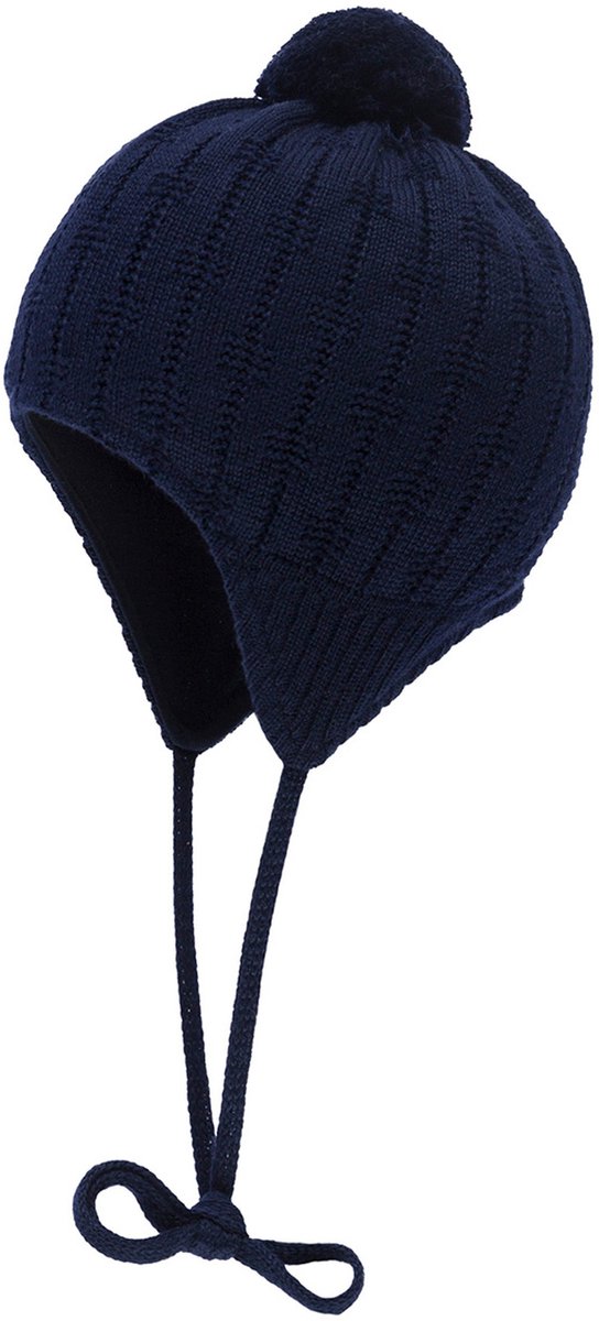 Döll Kinder Muts met Pompon en Bandjes - Marineblauw, Maat 35