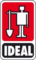Rood logo met witte gestileerde figuur die een schop vasthoudt, met 'IDEAL' in witte letters.