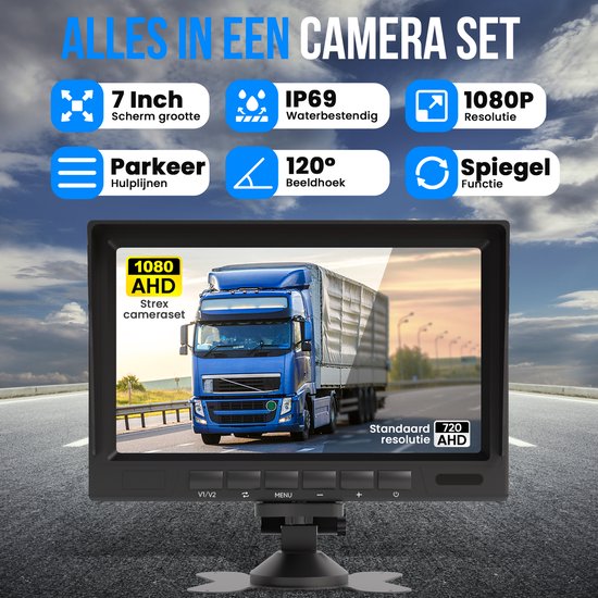 Strex Achteruitrijcamera Set Bedraad Met 2 Camera's (tegelijk bekijken) - HD 1080P - 7" Scherm - 18LED Nachtzicht 15m - IP69 Waterdicht - Achteruitrij Camera van Merkloos — afbeelding 2