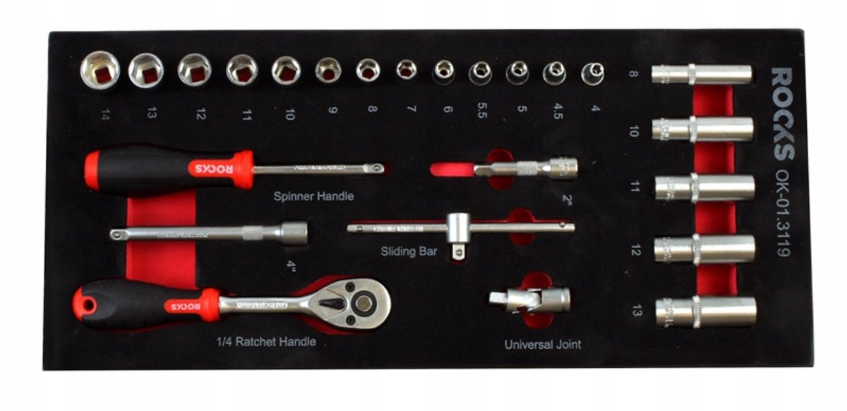 ROOKS 1/4" dopsleutelset 24-delig, schuimrubberen inleg