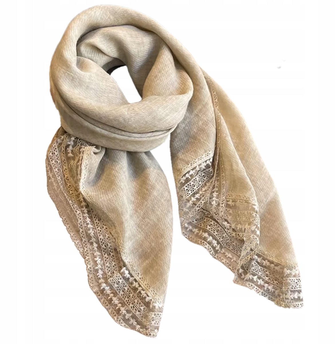 Beige Katoenen Sjaal met Kant - 100x100 cm, Natuurlijke Elegantie