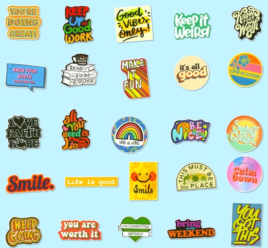 Verzameling vrolijke stickers met motiverende teksten zoals 'You're doing great!' en 'Keep up the good work'.