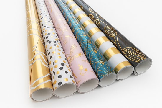 Luxe inpakpapier Premium Metalic Chique - 6 rollen - Party Design - Duurzaam - PEFC gecertificeerd - Cadeaupapier - 200x70cm - Verjaardag - Sinterklaas - Kerst - Kadopapier