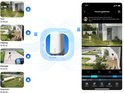 App-weergave van beveiligingscamera-opnamen van een kind in de tuin, bij de ingang, de garage en de voortuin. De app toont het tijdstip en 'Trackingdetails'.