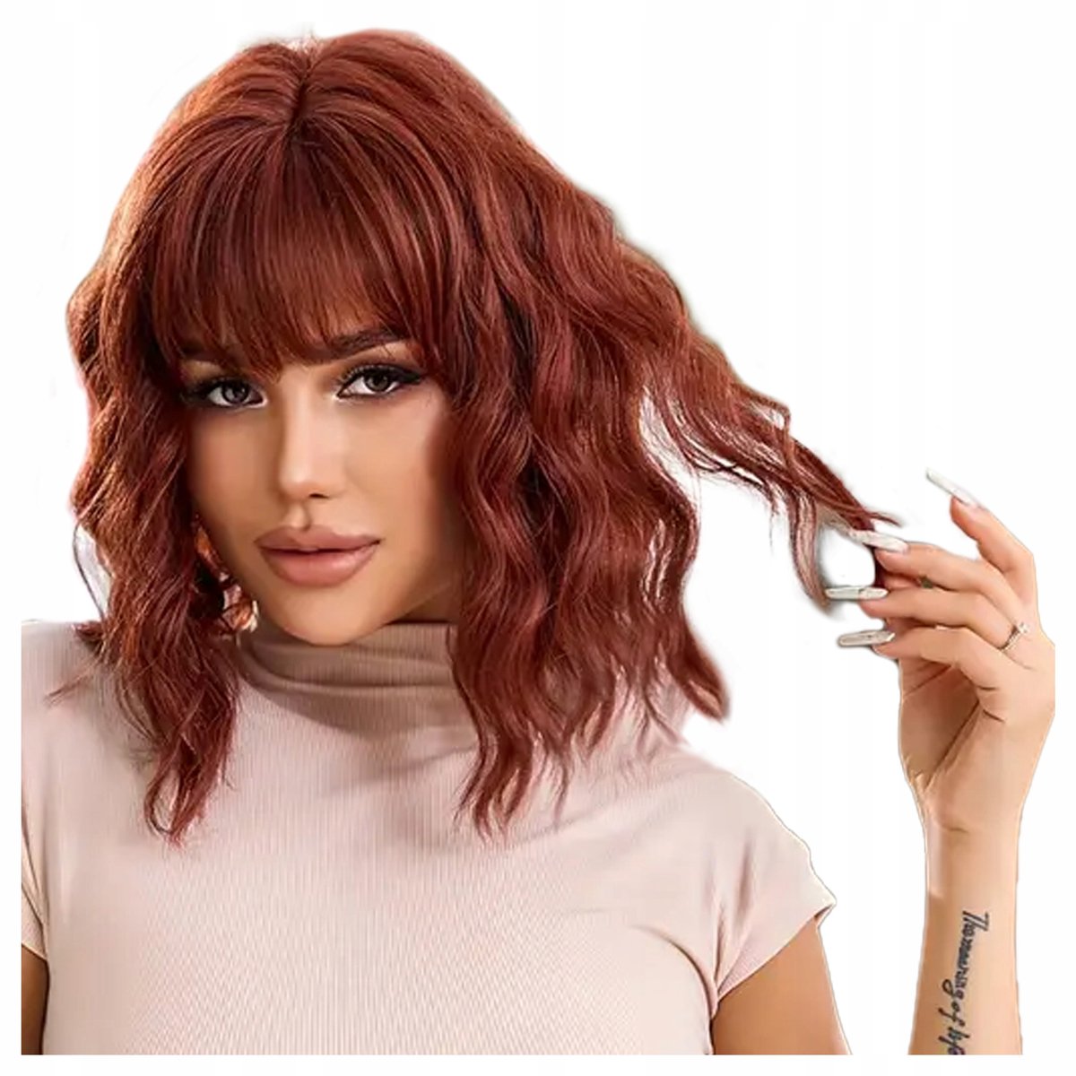 Damespruik met pony, krullend, kastanjebruin, natuurlijke look