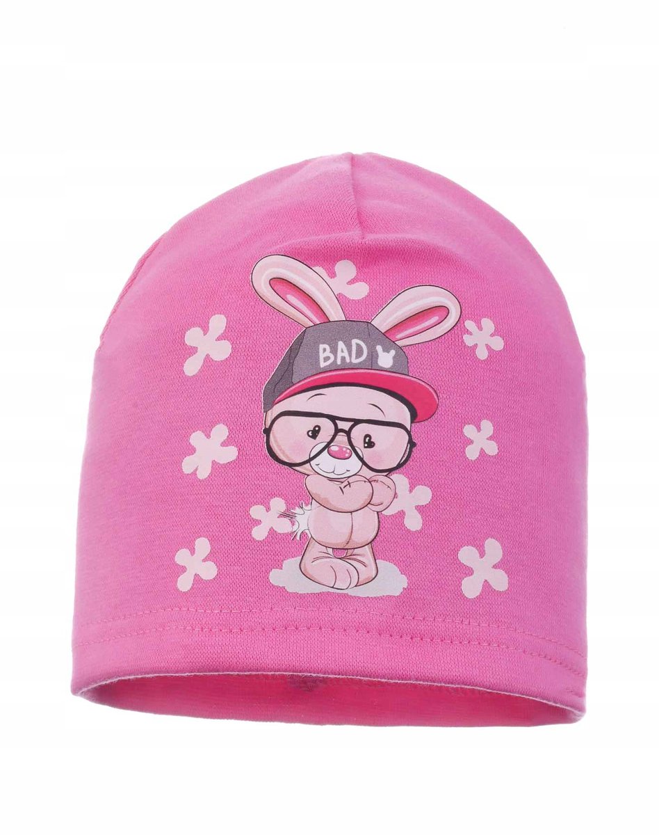 Roze katoenen babymutsje met konijnenprint, maat 44/48