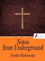 Boekomslag van 'Notes from Underground' van Fyodor Dostoevsky. Gouden kruis op een bruine, lederen achtergrond.