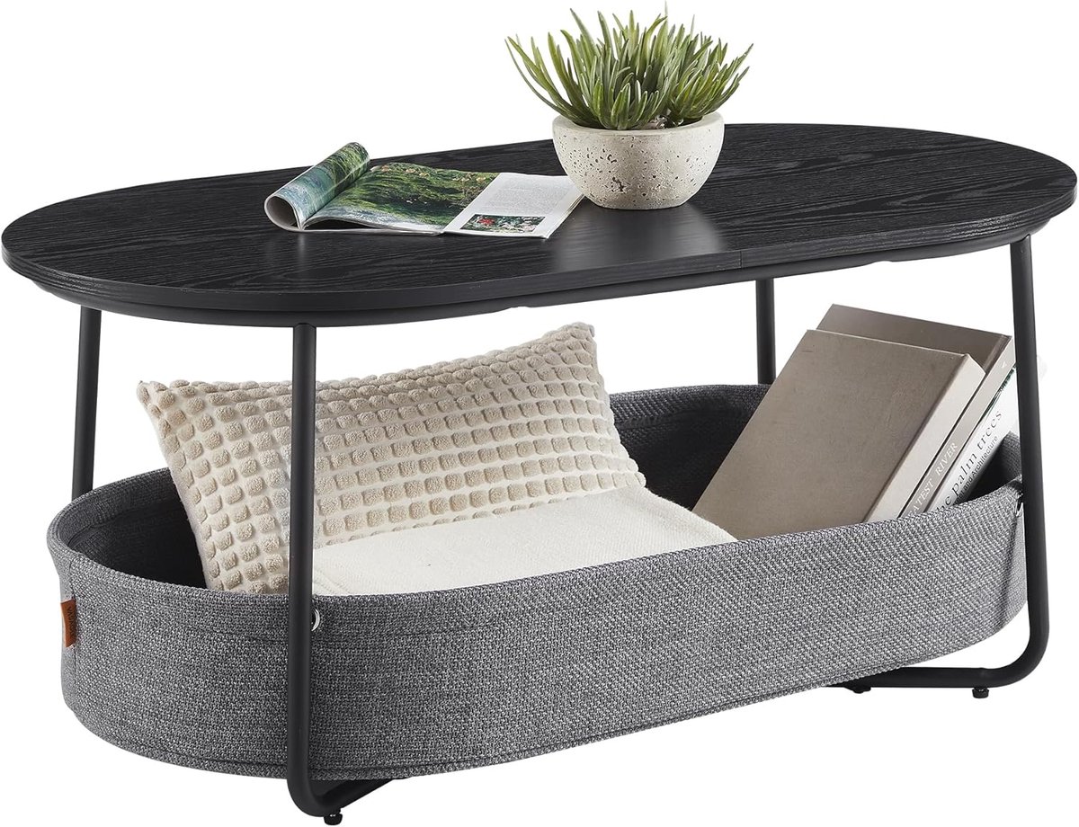 VASAGLE - ovale salontafel met stoffen mand - 100x55 cm - metalen frame - zwart met grijs