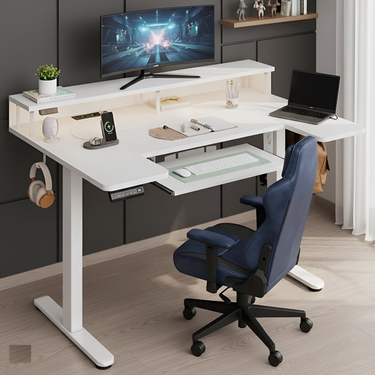 Elektrisch U-vormig Sta-Zit Bureau 140x74 cm, In Hoogte Verstelbaar, Monitorstandaard, Toetsenbordlade, RGB LED, USB-oplaadpoort & Stopcontacten – Thuiskantoor / Gaming Bureau – HomeByNicole