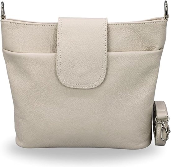 BELCHOME Ellie schoudertas voor dames, handgemaakte crossbodytas van echt leer met leren riem en brede schouderband met patroon, 7 vakken, waterdicht, stijlvol, gemaakt in Italië, Beige