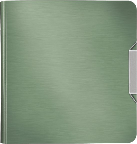 Gesloten groene Leitz ordner met een labelhouder aan de zijkant.