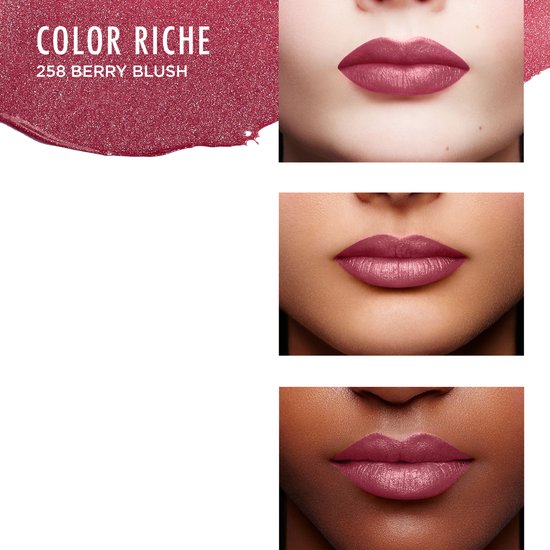 Drie close-ups van lippen met L'Oréal Color Riche lipstick in de kleur 258 Berry Blush. De kleur heeft een glinsterende finish.