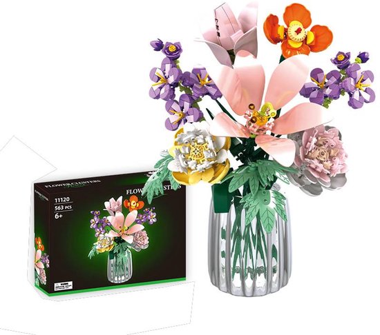 Een set bouwstenen: een boeket wilde bloemen met lelies, in totaal 563 stukjes.