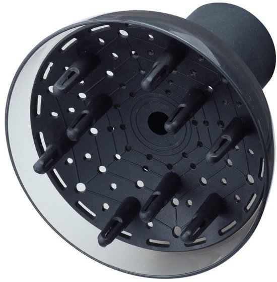 Zwarte diffuser met transparante rand, pinnetjes en een rond gat in het midden.