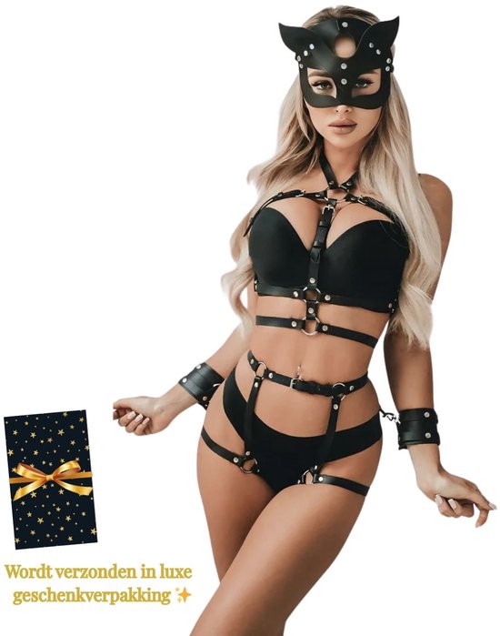 Leren Lingerie Set - Fetish Bondage Harnas Body met Masker en Handboeien