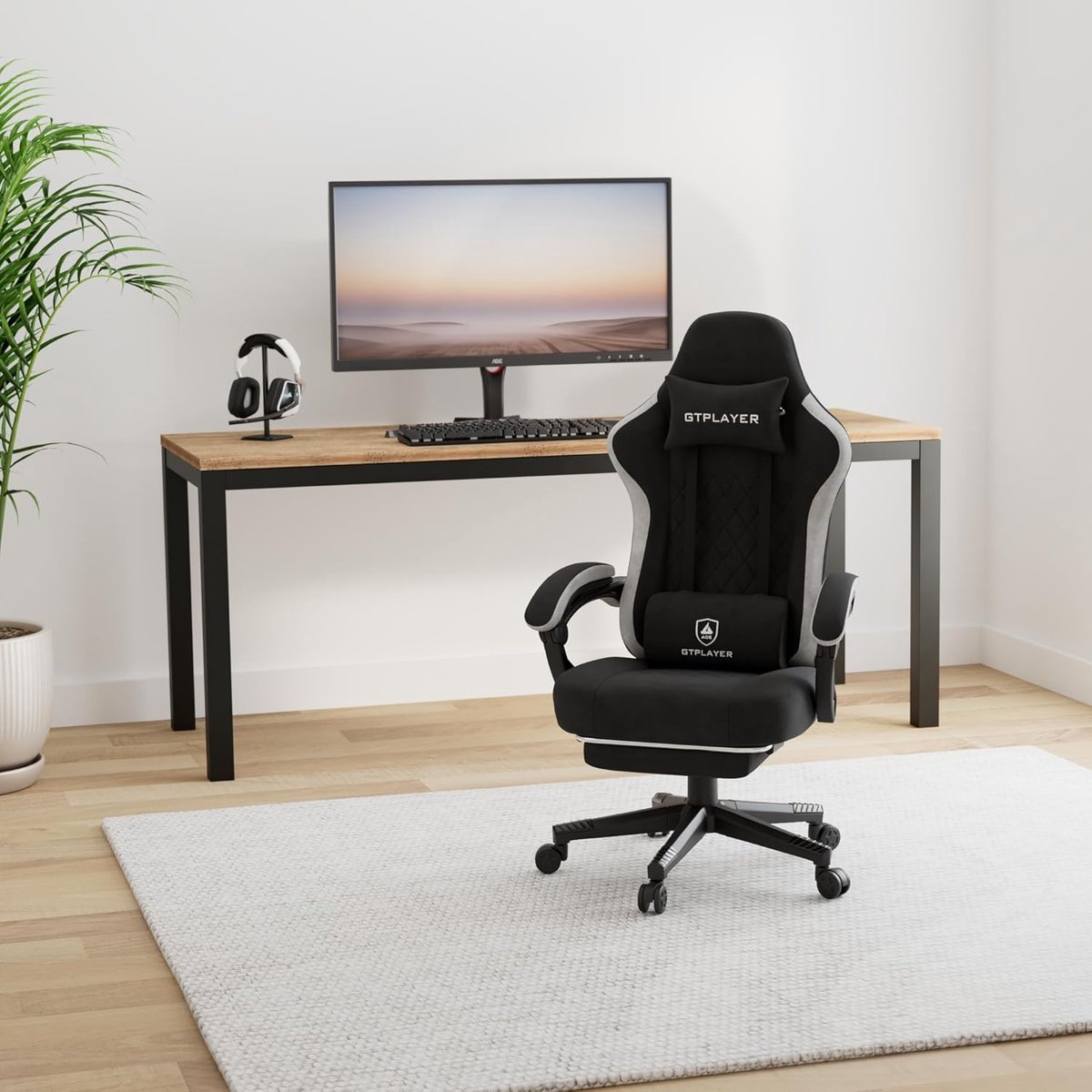 Ergonomische Gaming Bureaustoel met Stoffen Bekleding, Veerkussen, Verstelbare Armleuningen en Uitklapbare Voetsteun, Comfortabele Zitting en Rugondersteuning, Lichtzwart
