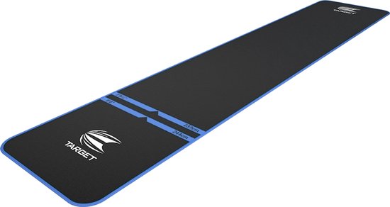 Tapis de fléchettes noir avec bordure bleue. Logo 'TARGET' et lignes pour distances de fléchettes (2,37m, 2,90m).