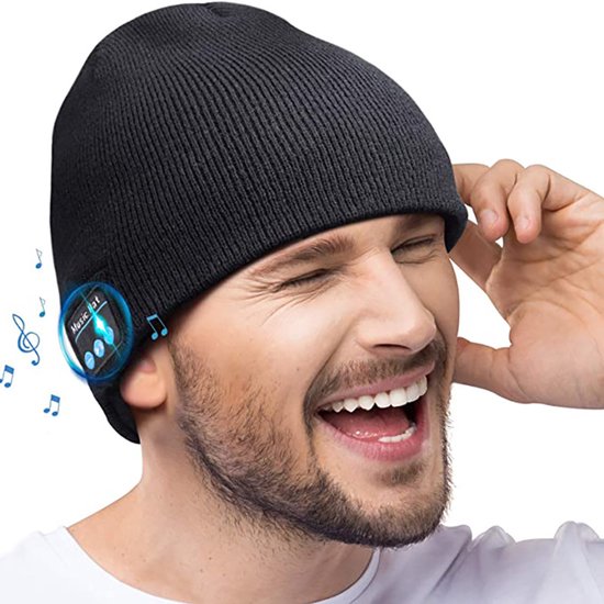 Bonnet tricoté Bluetooth pour homme - Cadeau de Père Noël secret, petit cadeau de Noël, gadget technologique sympa pour les papas, maris, lui, ados, etc., avec écouteurs intégrés