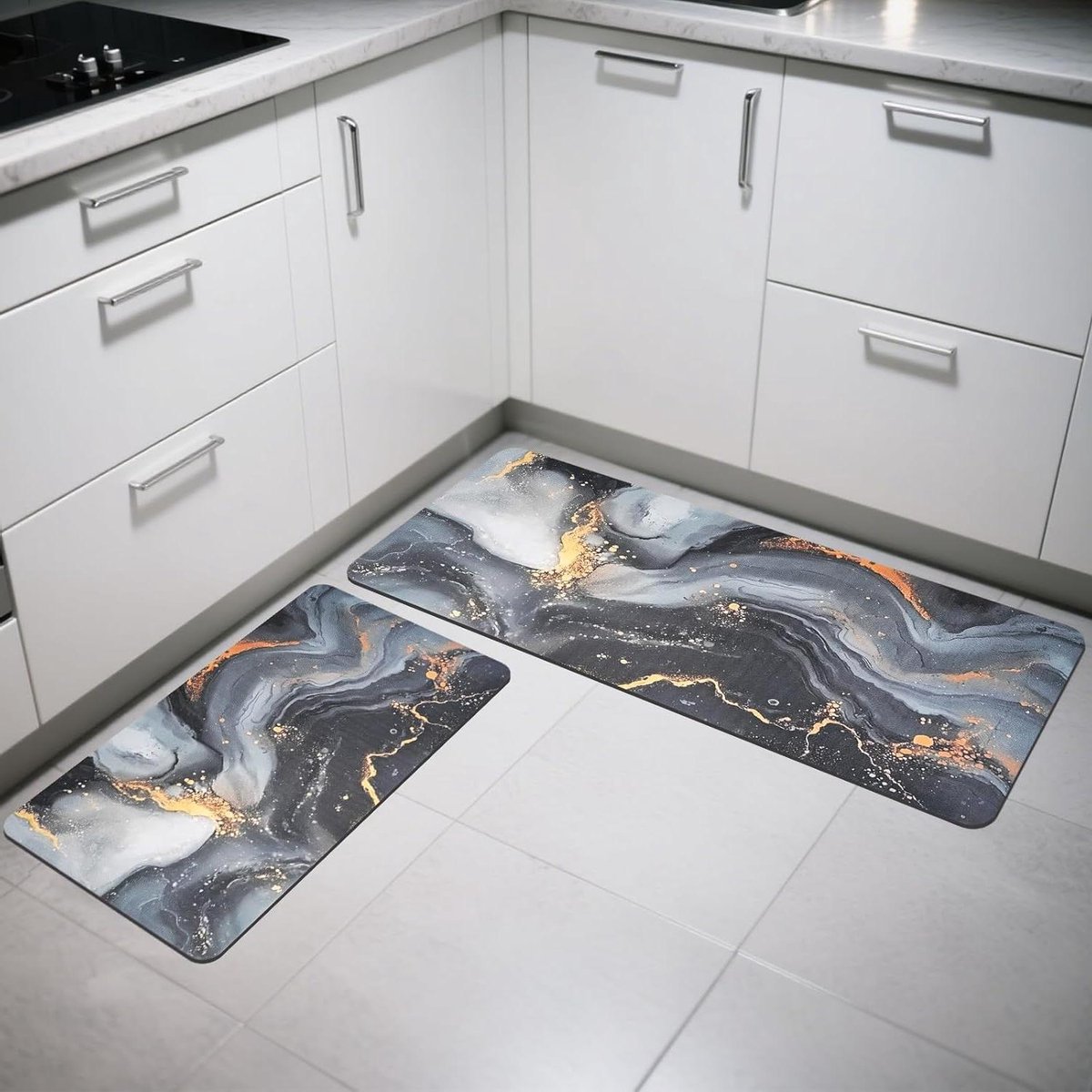 CSGoods - Set van 2 antislip keukenmatten, anti-vermoeidheid, waterdicht - voor keuken, hal, woonkamer, slaapkamer - zwart, goud, grijs marmer - Comfortabel en stijlvol