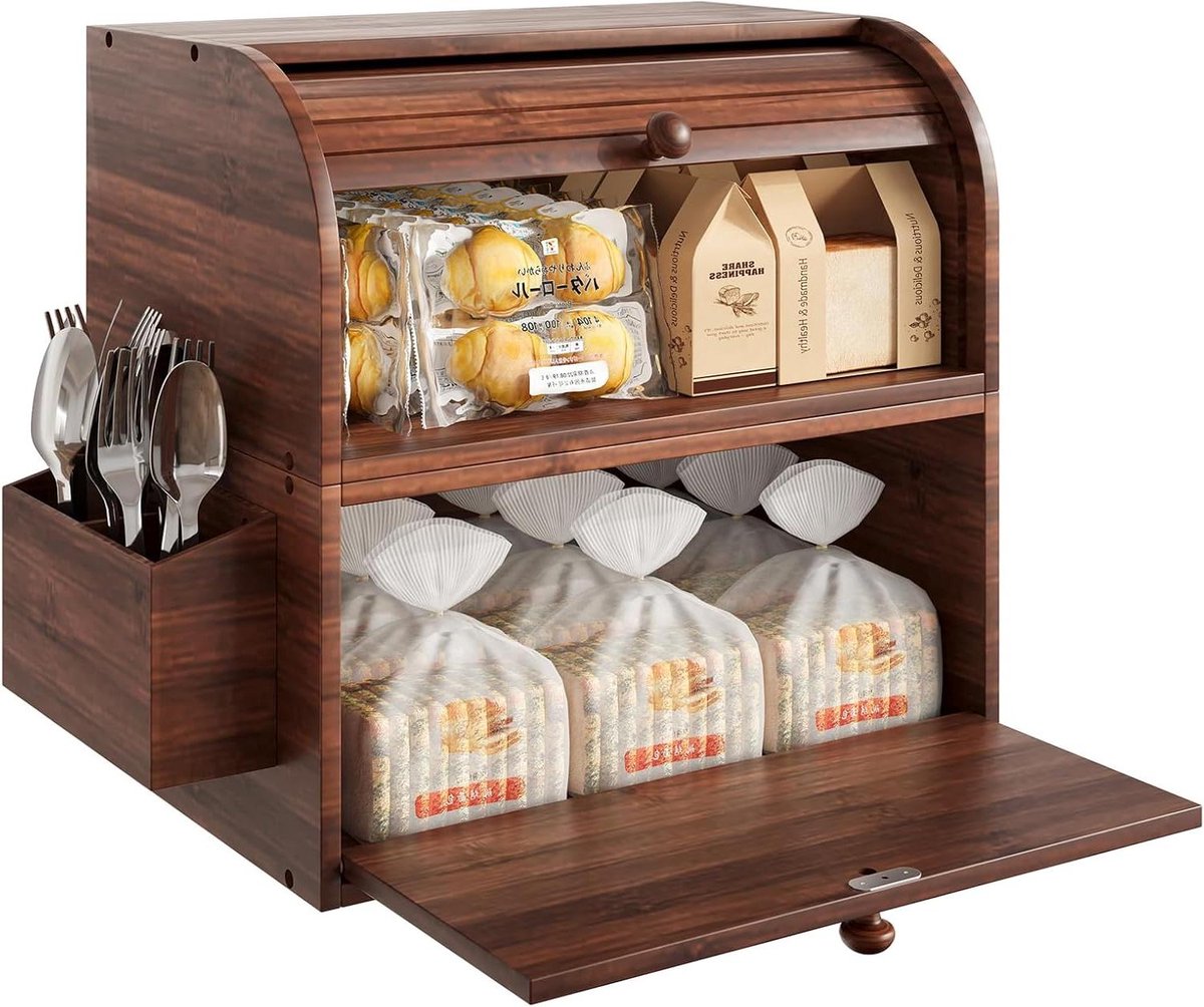 CSGoods - Broodtrommel voor keuken - Dubbele laag broodopslag met bestekmandje - Retro Bruin - 2 individuele broodcontainers.