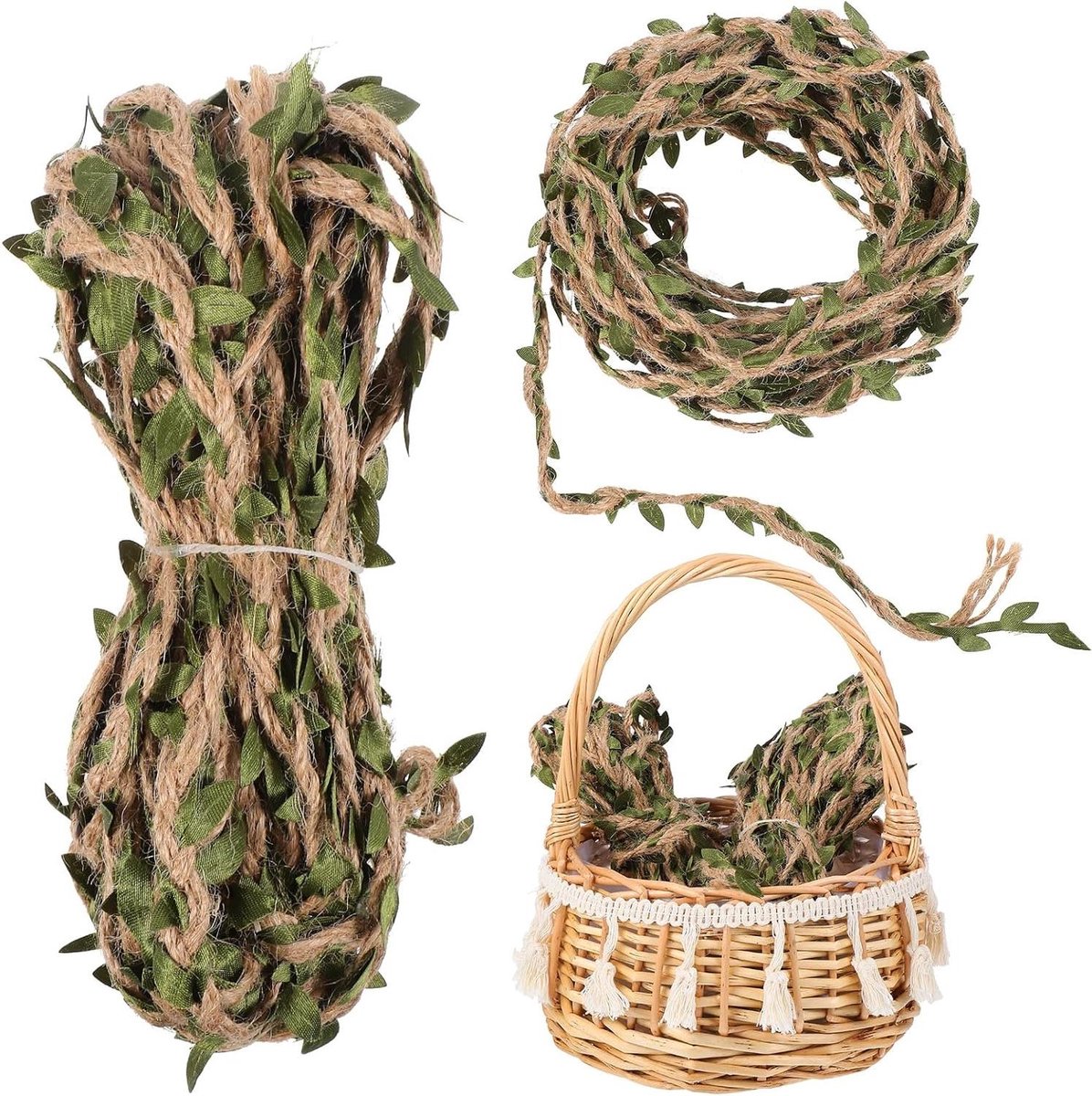 CSGoods - Natuurlijk jute touw lint met kunstmatige wijnstok groene bladeren - 66 voet - Ambachten - Jungle safari party - Baby shower