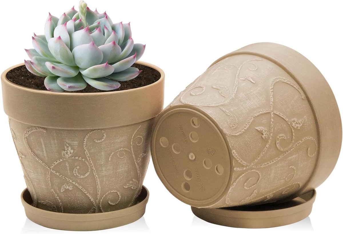 CSGoods - Middelgrote Plastic Plantenpotten met Drainagegaten en Schotels - Terracotta-look - Geschikt voor Binnen en Buiten - Inclusief Dienblad - Lichtbruin - Set van 2 - Voor Vredeslelie, Kruiden en Kamerplanten