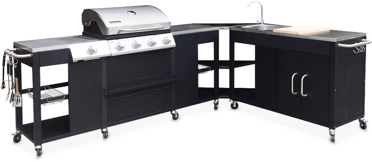 sweeek - Gasbarbecue met 4 branders + 1 zijbrander, buitenkeuken met gootsteen, keukengerei en thermometer - rochefort