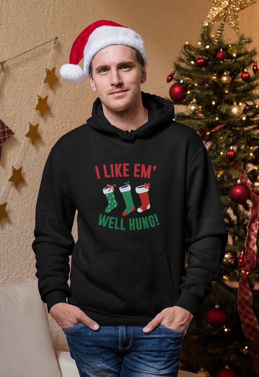 I Like ’Em Well Hung - Kerst Hoodie - Kerst Trui Zwart - Grappig Hoodie - Maat XL - Limited Edition