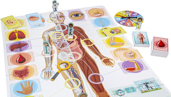 Bordspel met de anatomie van het menselijk lichaam, organen, cellen en botten.