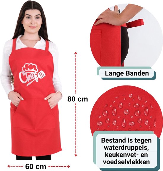 Tablier de chef Tavas 60 x 80 cm - Rouge - Tablier de cuisine avec 2 maniques - Coffret cadeau 3 pièces - Tablier femme - Qualité hôtelière