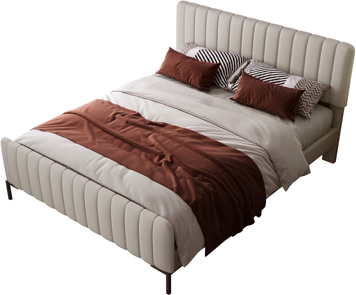 YEHTOKHOME Gestoffeerd bed Tweepersoonsbed 160x200 cm, Bedframe met lattenbodem en verstelbaar hoofdeinde, Jeugdbed, Linnen, grijs-beige (zonder matras)