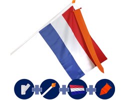 Nederlandse vlag met stok met oranje wimpel en vlaggenstokhouder - Set
