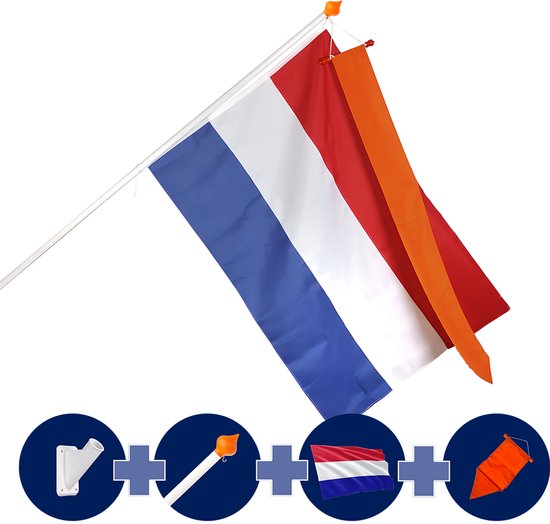 Nederlandse vlag met stok met oranje wimpel en vlaggenstokhouder - Set