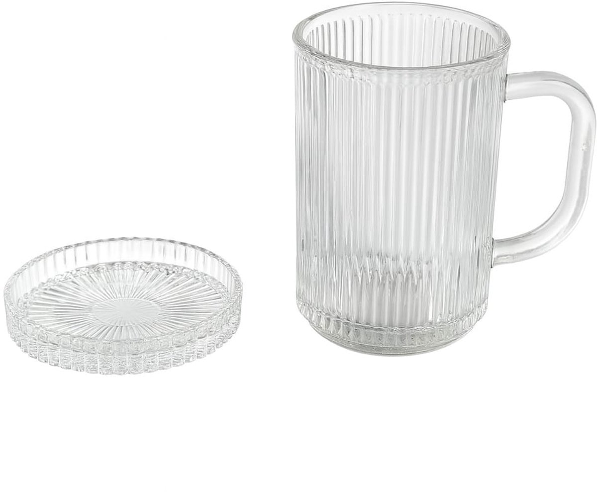 Bavary Luxe Ribbelglas Set – 1 Glas + 1 Schotel/Deksel – Hittebestendig Glas – Retro Drinkglazen met Handvat – Geschikt voor Koffie, Thee & Frisdrank – 2-delige Set