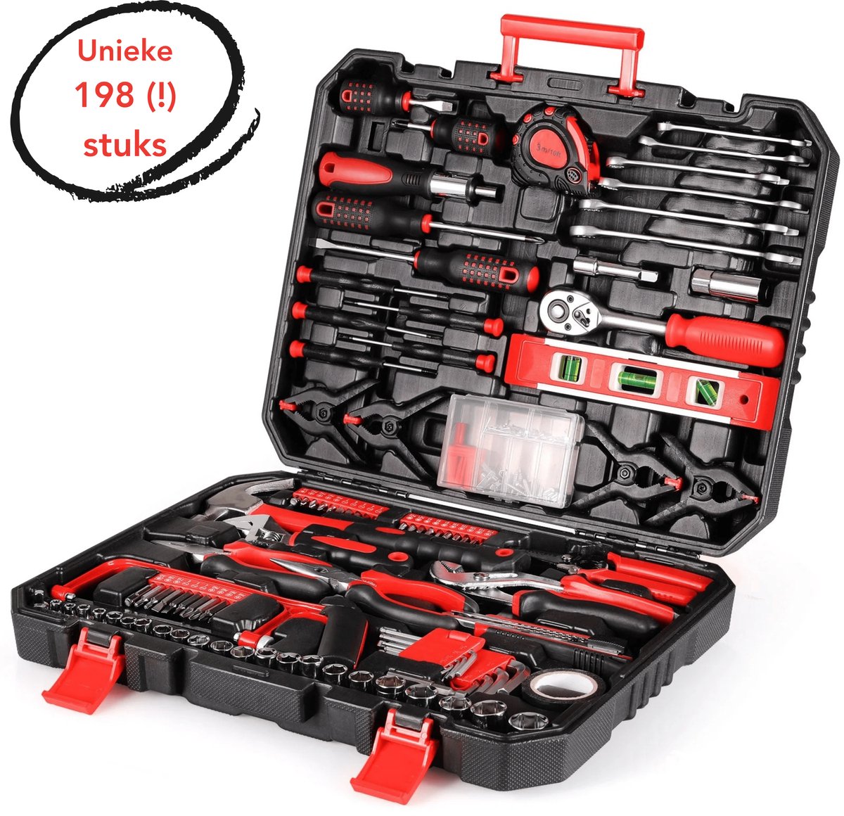 Aiverig® Gereedschapskoffer Gevuld – 198-Delige Gereedschapskist & Gereedschapset – Rode Kist – Met Ratelset, Schroevendraaiers, Tangen & Doppen – Toolbox voor Huis, Auto & Werkplaats – 44×34×8 CM