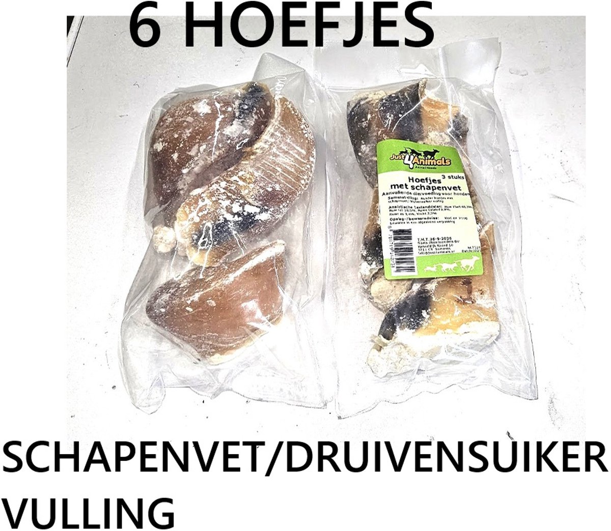 just4pets hondensnack - 2 X 3 runderhoefjes gevuld met schapenvet/druivensuiker - omega 3 - tandverzorgend