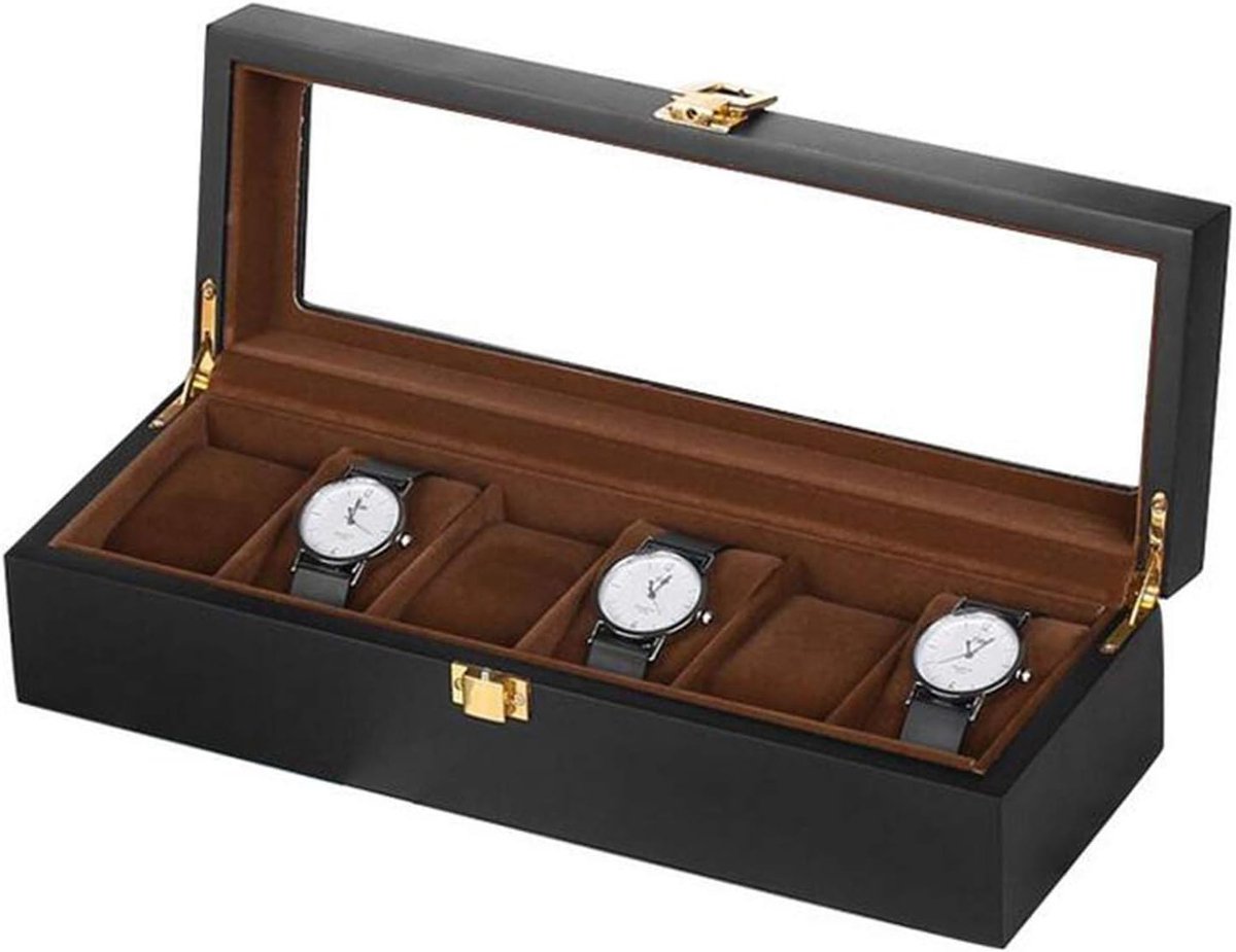 Opslagdoos voor Horloges - 6 Sleuven - Horloge Display Houder - Houten Sieraden Organizer met Glazen Deksel - Zwart