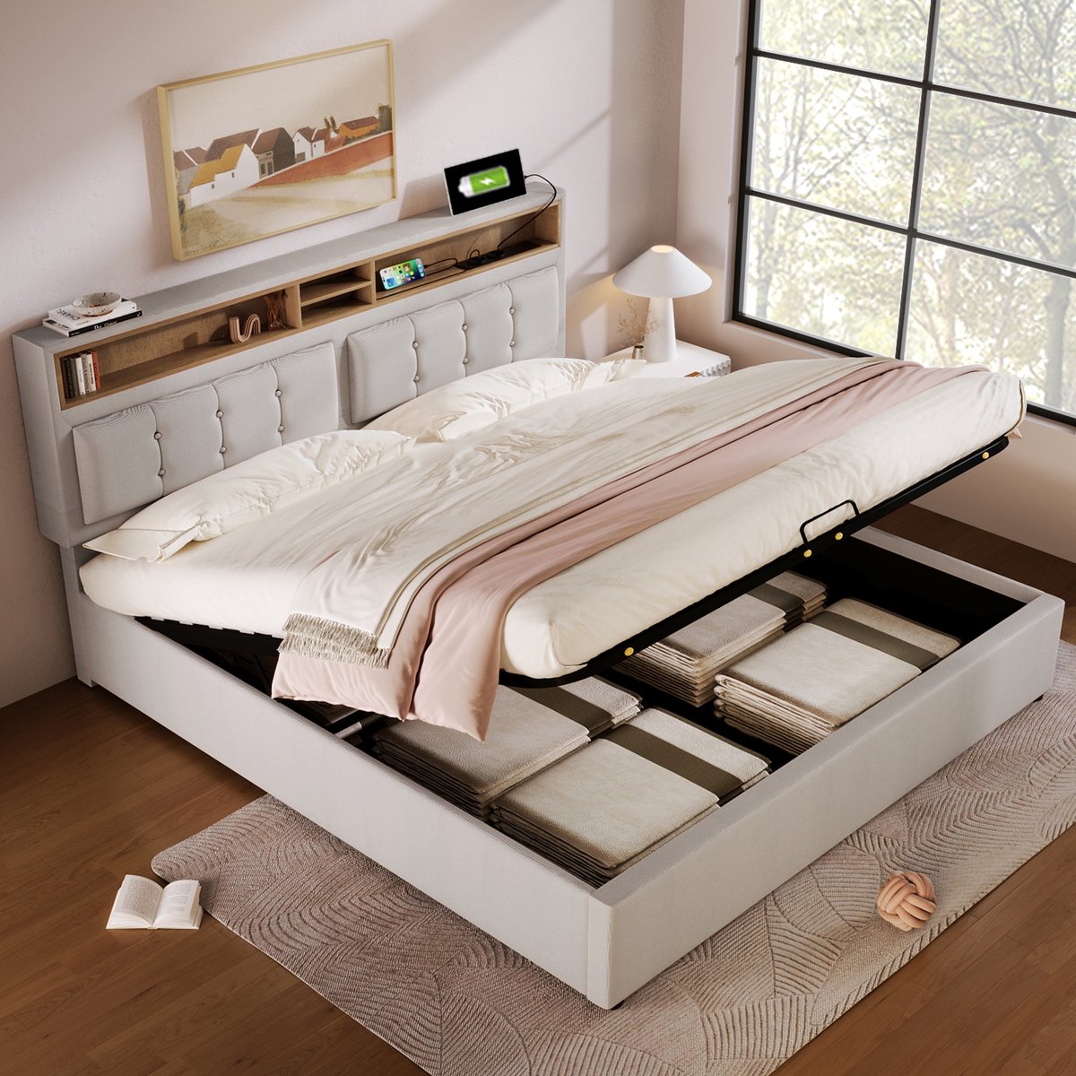 STILVORA Gestoffeerd Bed - 160x200 cm - Tweepersoonsbedden met Lade-Kopteil en USB Oplaadfunctie - Opbergbed met Lattenbodem - Massief Hout - Beige