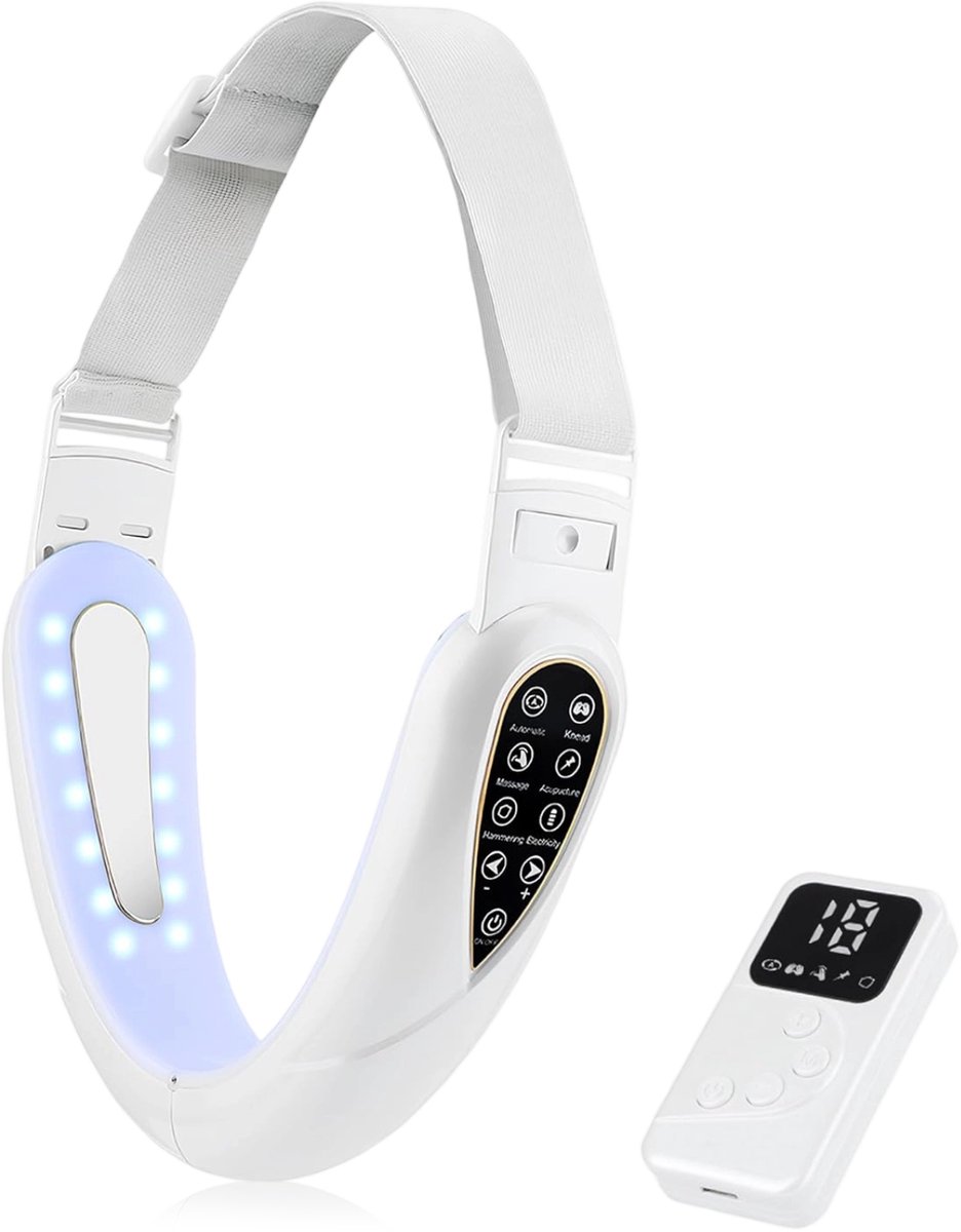longziming -Elektrisch EMS V-gezichtsapparaat met rood/blauw LED-licht, 5 therapie-modi, Dubbelfunctie voor kinvermindering en huidverstrakking, inclusief afstandsbediening – Wit