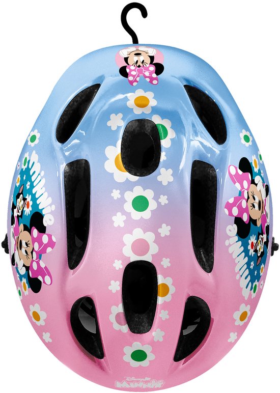 Blauw-roze kinderfietshelm met Minie Mouse, kat en bloemenprint, verstelbaar.