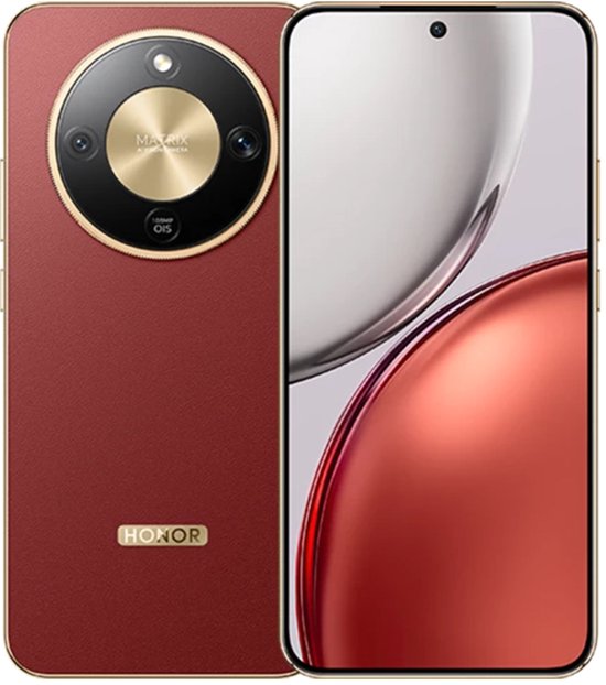 Rode smartphone met gouden rand, gouden cameramodule en HONOR-logo. Voorzijde met rood-wit gestreept scherm.