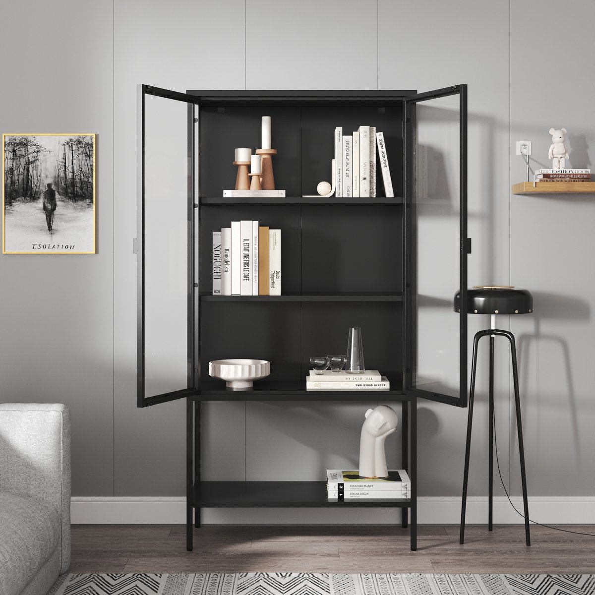Vitrinekast Borshavisa staal 160x80x35 cm zwart [en.casa]