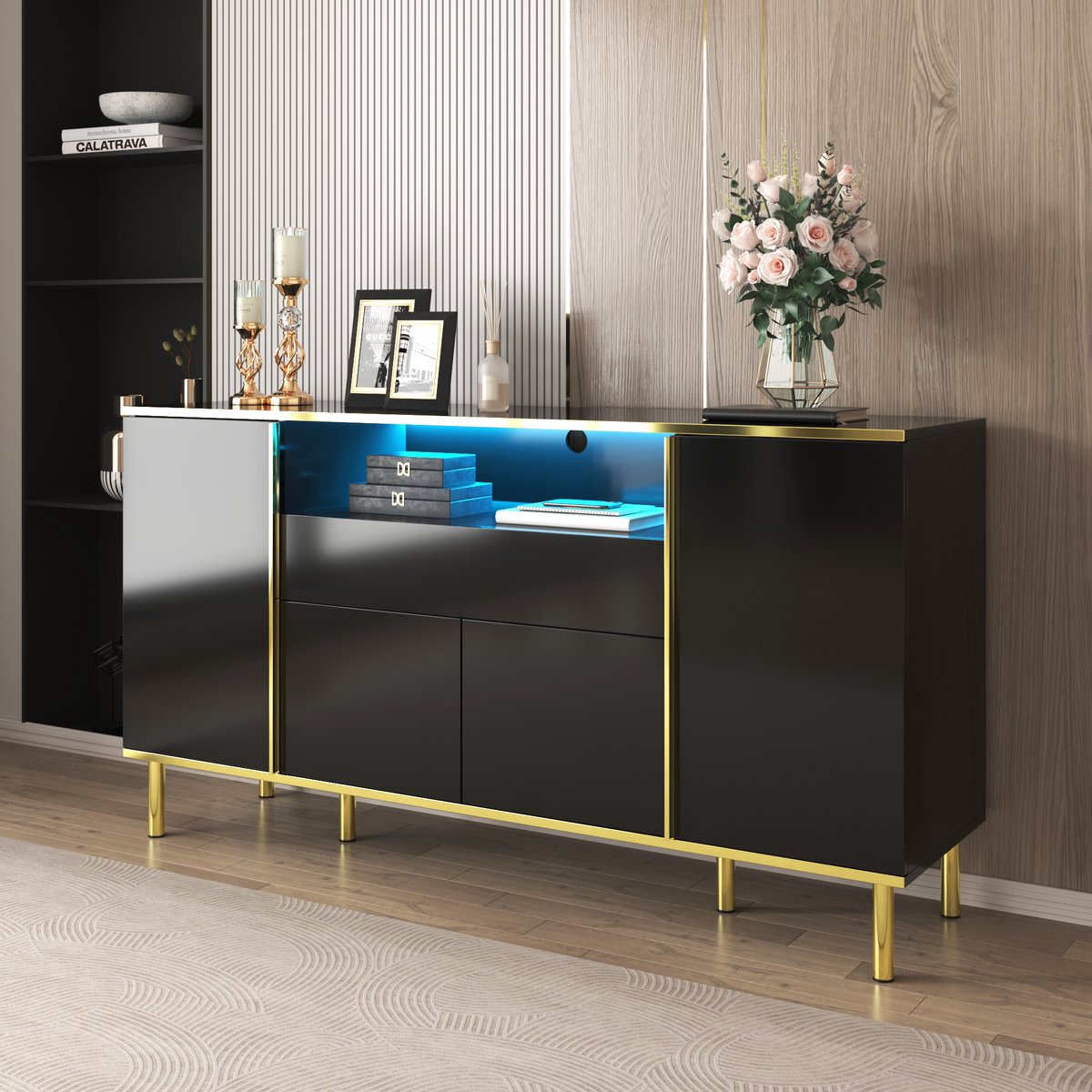 STILVORA Dressoir – Hoogglans Zwart Met Gouden Accenten En LED – 4 Deuren 1 Lade Voor Woonkamer En Slaapkamer – MDF;Spaanplaat – 150x40x80 cm – Zwart