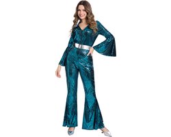 Joya Party® Disco Jumpsuit Dames | Metallic Blauwe ABBA Jaren 70 Outfit met Zilveren Riem | Disco Pak Vrouwen Super Trooper Stijl | Verkleedpak Vrouw | Verkleed Pak Vrouwen | Carnaval & Themafeest | Maat L/XL