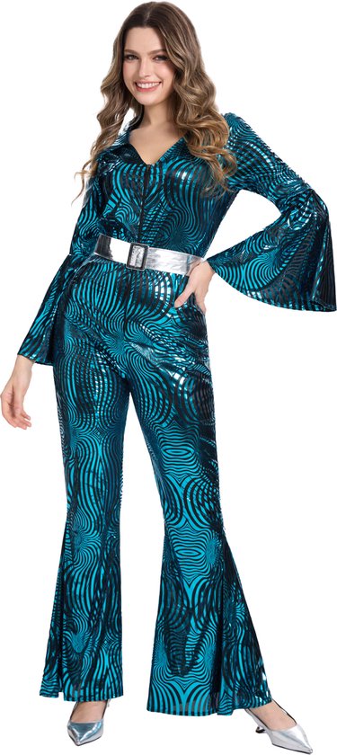 Combinaison Disco Femme Joya Party® | Tenue ABBA Années 70 Bleu Métallisé avec Ceinture Argentée | Combinaison Disco Femme Style Super Trooper | Costume de Déguisement Femme | Costume de Déguisement Femme | Carnaval et soirée à thème | Taille L/XL